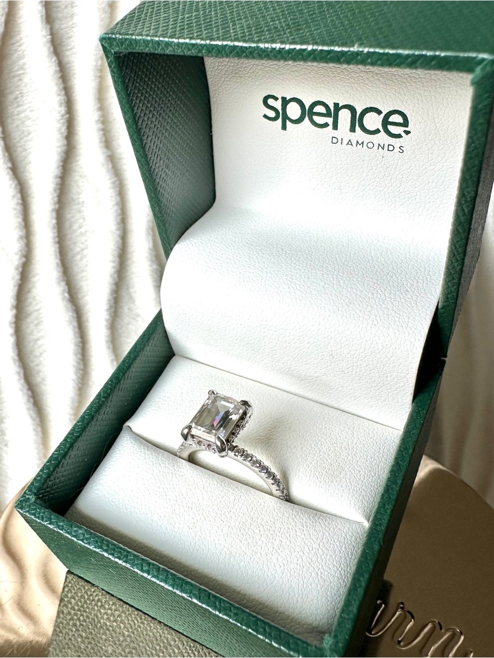 Emerald-Cut White Gold Moissanite and Diamond Engagement Ring - White